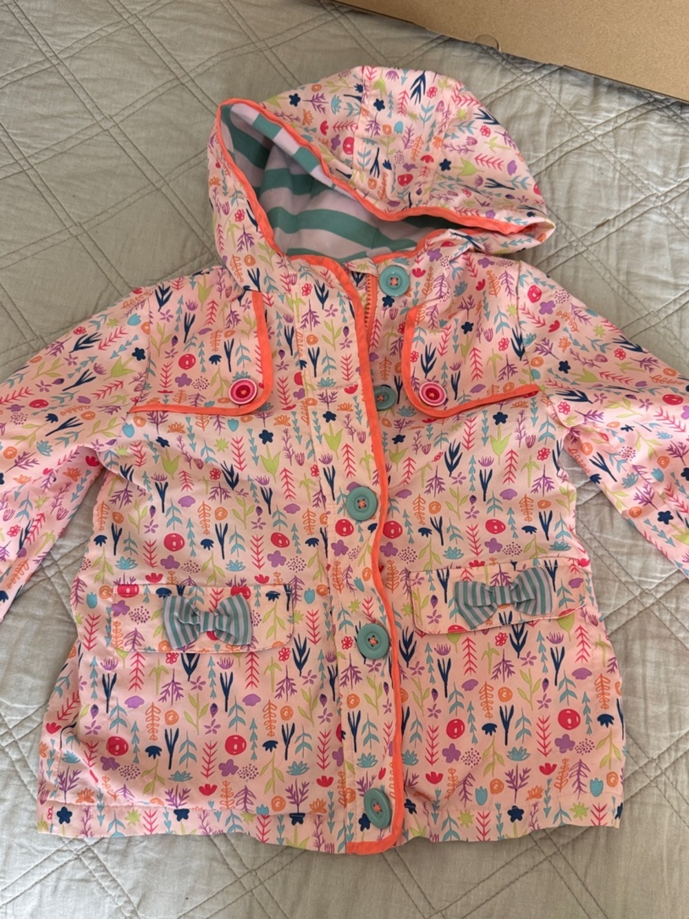 Matilda Jane Peach Floral Hooded Raincoat with Teal Buttons